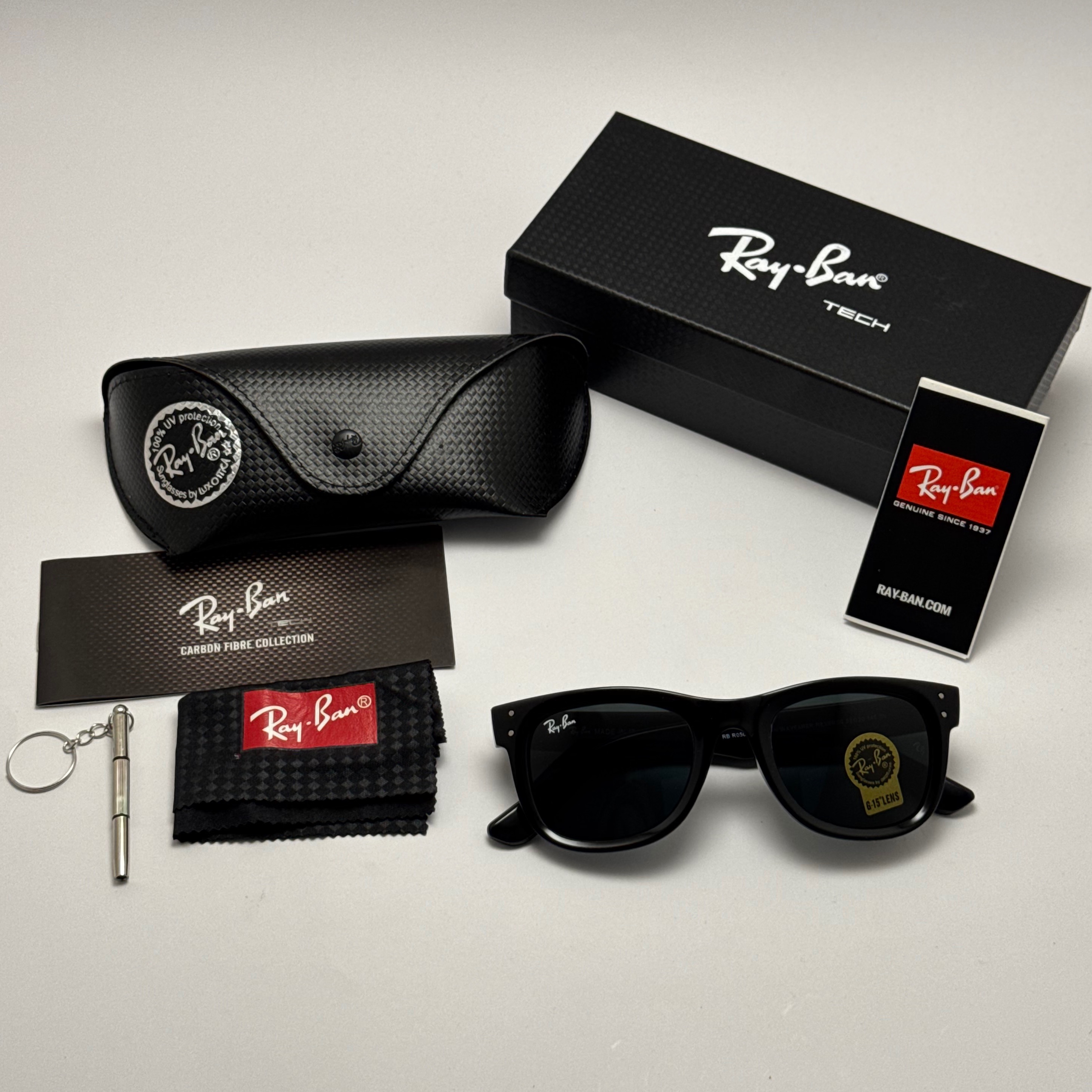 عینک آفتابی ریبن ویفرر شیشه سنگ تمام مشکی به همراه پک کامل ریبن Rayban WAYFARER RB 0502S