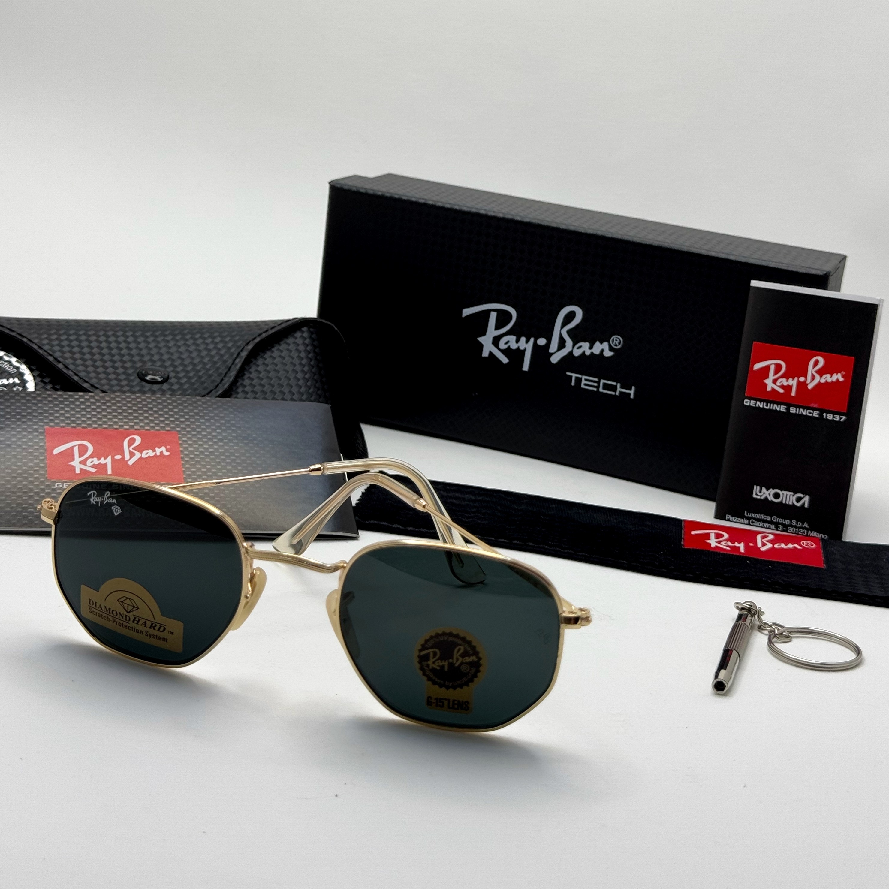 عینک ریبن هگزونال شیشه سنگ مشکی فریم طلایی به همراه پک کامل ریبن کد Rayban RB 3548