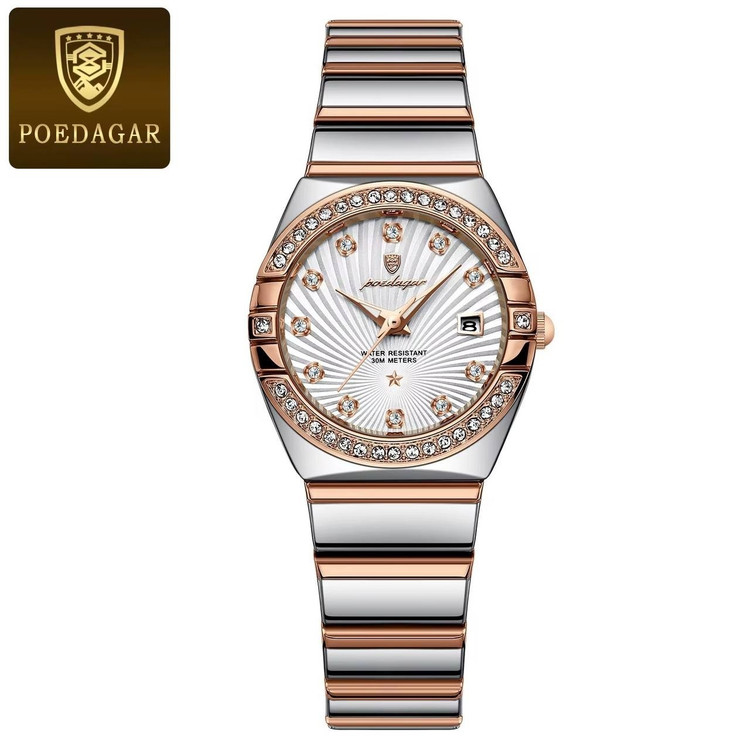 ساعت مچی زنانه پوداگار اورجینال مدل 302 poedagar بند سیلور رزگلد صفحه مشکی ارسال رایگان