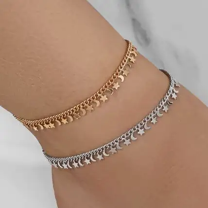 پابند زنانه و دخترانه آبکاری نقره آویز ماه و ستاره ضد حساسیت رنگ ثابت کد amp (پس کرایه)