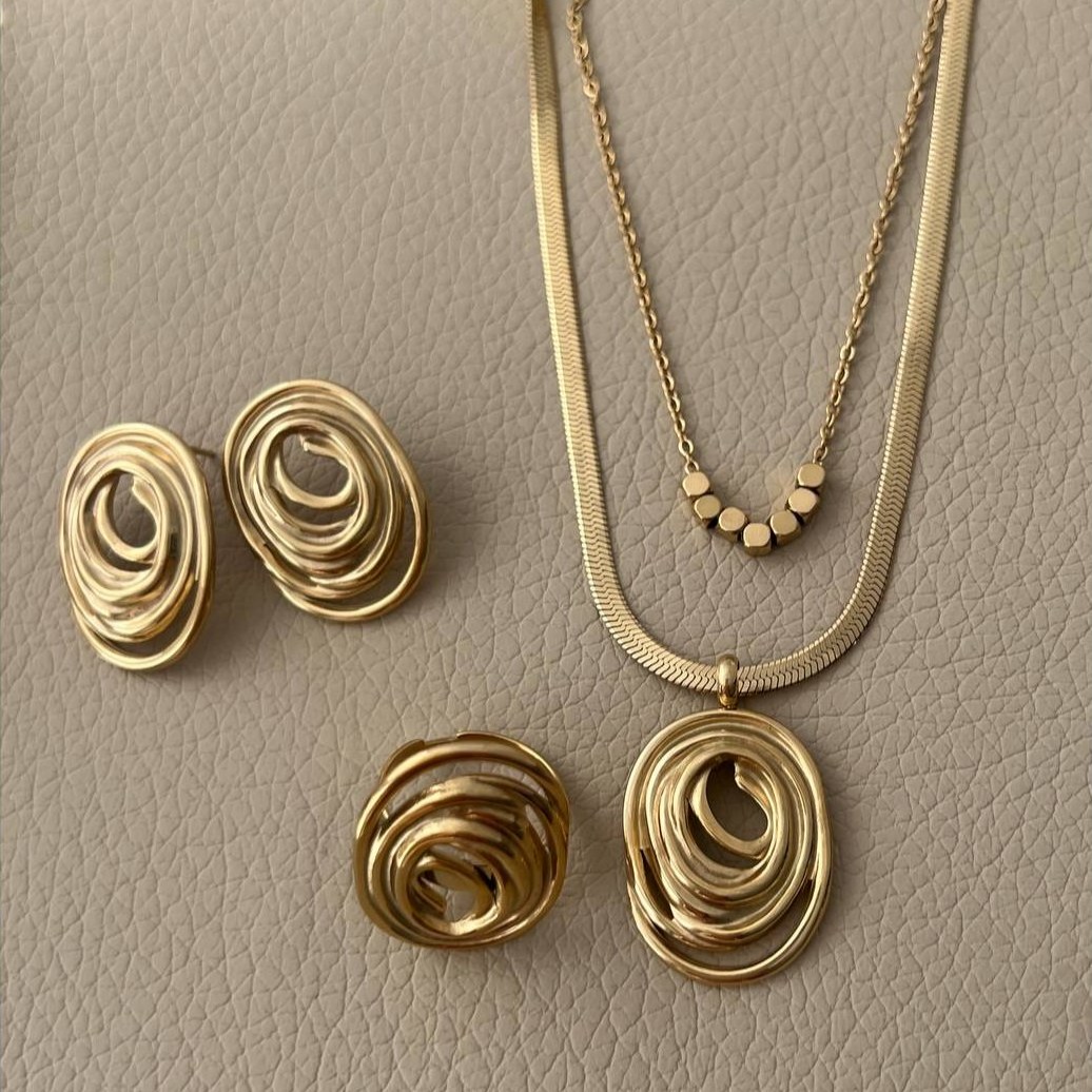 نیم ست گردنبند و انگشتر و گوشواره زنانه طرح توری مینیمال تنوع طرح رنگ کاملا ثابت کد tj (پس کرایه)