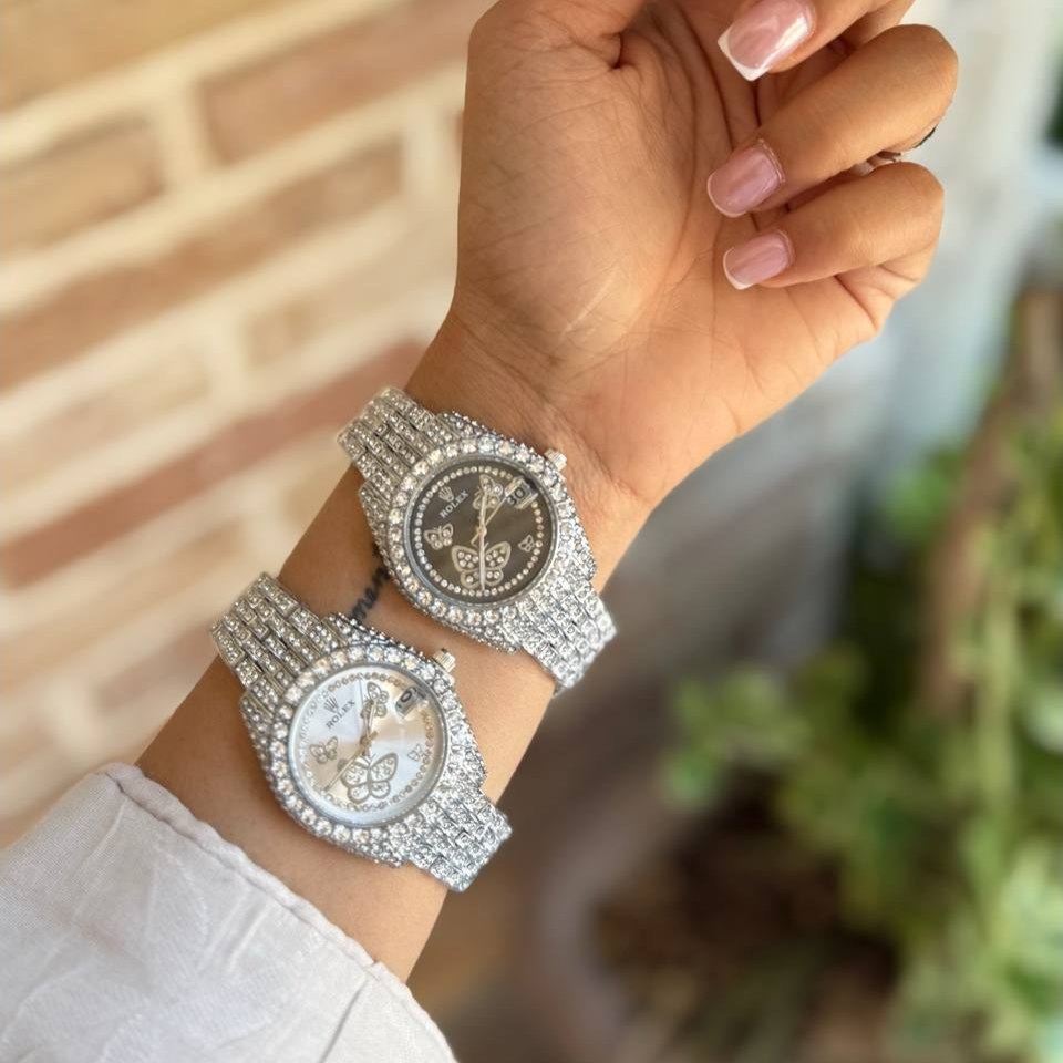 ساعت مچی دخترانه رولکس ROLEX فول نگین پروانه تاریخ دار تنوع رنگ رنگ ثابت کد sm (پس کرایه)