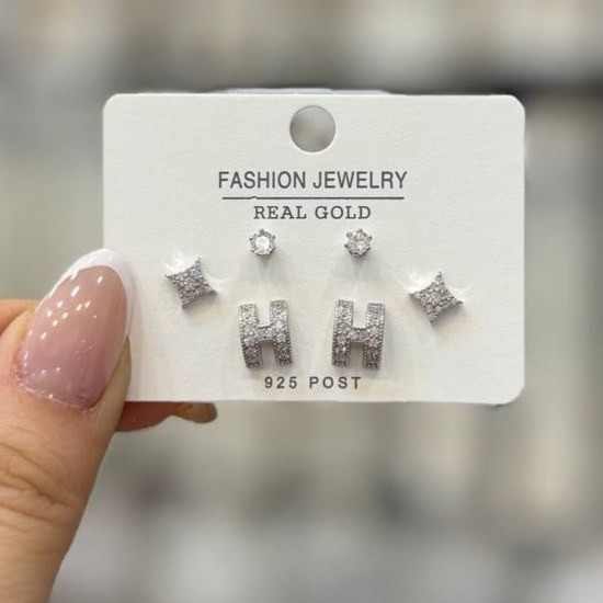 گوشواره طرح جواهری طرح پروانه و گل و نگین سه جفتی تنوع طرح رنگ ثابت کد gy