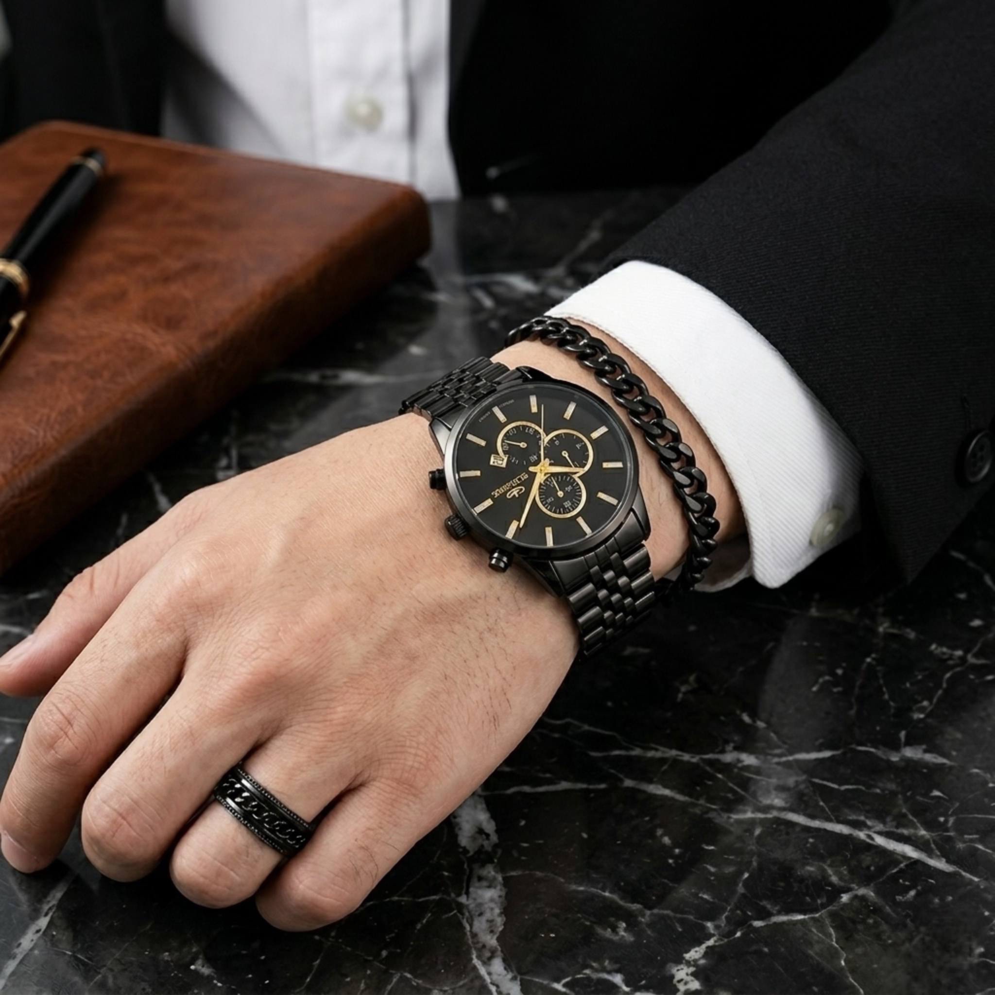 ست ساعت مردانه و پسرانه مارک الگانس ELEGANCE با دستبند و حلقه مشکی ارسال رایگان