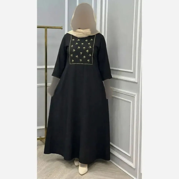 عبا زنانه مدل پاپیونی گلدوزی شده جنس شانتون رنگ مشکی سایز 38 تا 48