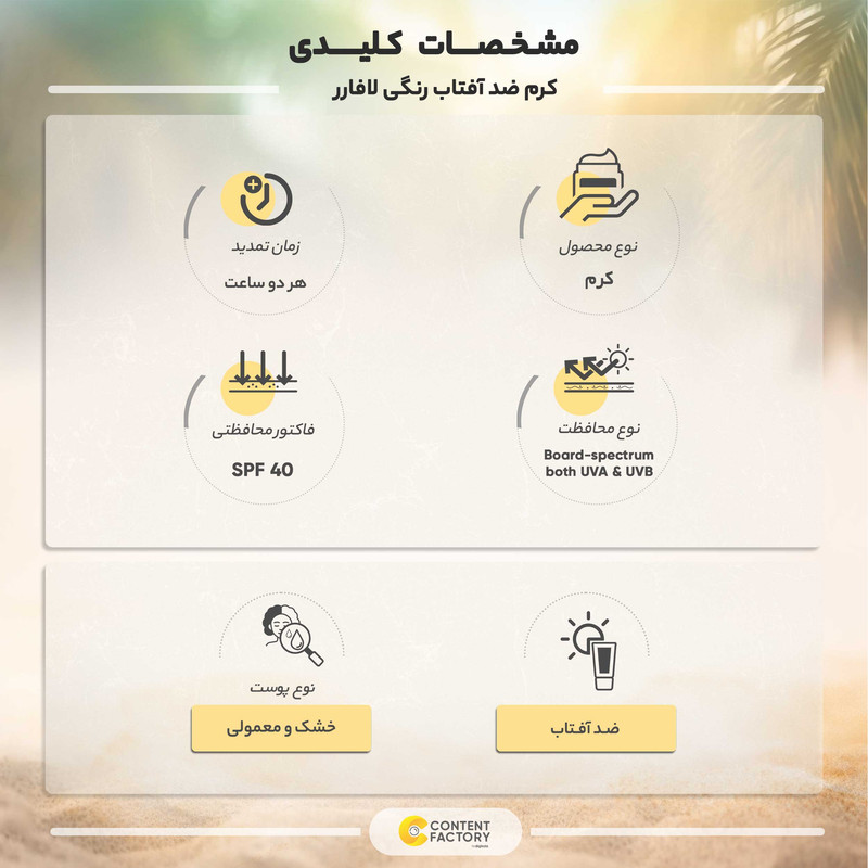 کرم ضدآفتاب و ضدلک رنگی لافارر مدل SPF40-Light، مناسب پوستهای خشک و معمولی، حجم 40 میلیلیتر