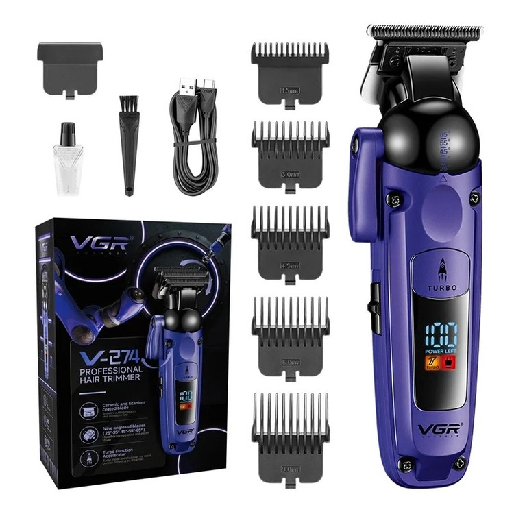 ماشین اصلاح حجم زن سر و صورت وی جی آر با تیغه تیتانیوم و نمایشگر LED خط زن مدل V-274 ورژن جدید 274 ( گناوه مارکت )