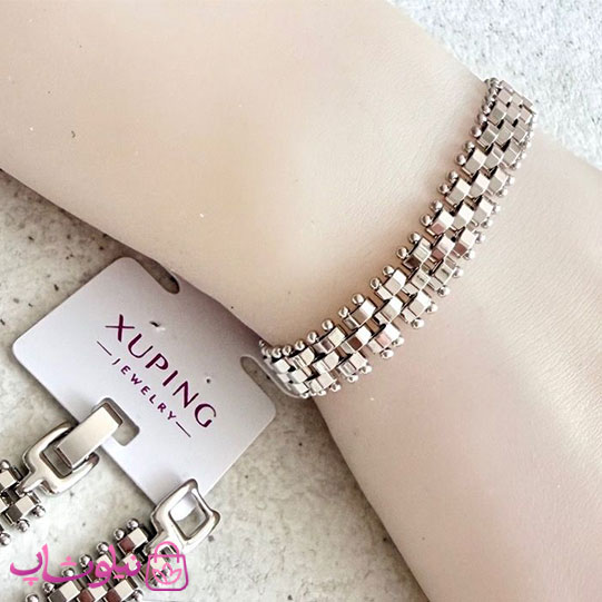 دستبند زنانه ژوپینگ مدل رولکس Rolex نقره ای رنگ طول 19 سانت عرض 9 میل کد 1099