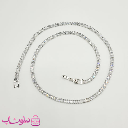گردنبند زنانه تنیسی نقره ای با نگین باگتی سفید 45 سانت 5 میل کد 370