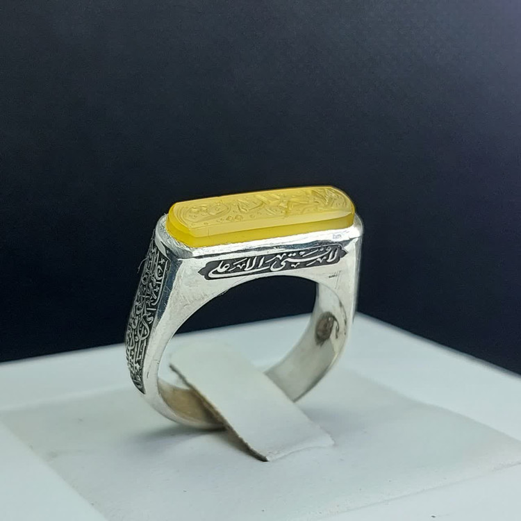 انگشتر نقره باسنگ عقیق زرد حکاکی یاحیدر رکاب کپسولی کد 1757