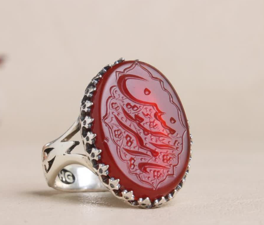 انگشتر عقیق قرمز با حکاکی یا امیرالمومنین رکاب آلیاژی باکیفیت کد 3743